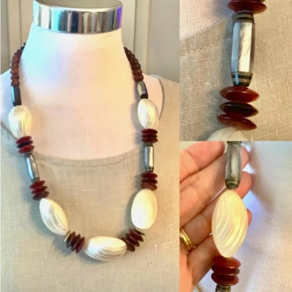 Vintage Abalone Mother of Pearl Agate Necklace Tribal Beach Artisan coastal chic